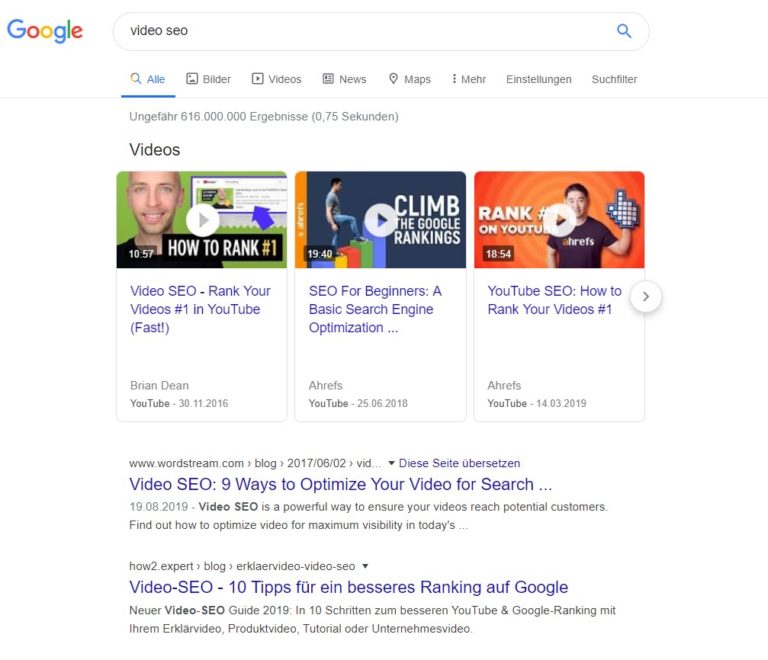 Thumbnail für den Blogpost: Die wichtigsten Video SEO Trends 2020 mit Bild des Google Video Karussell