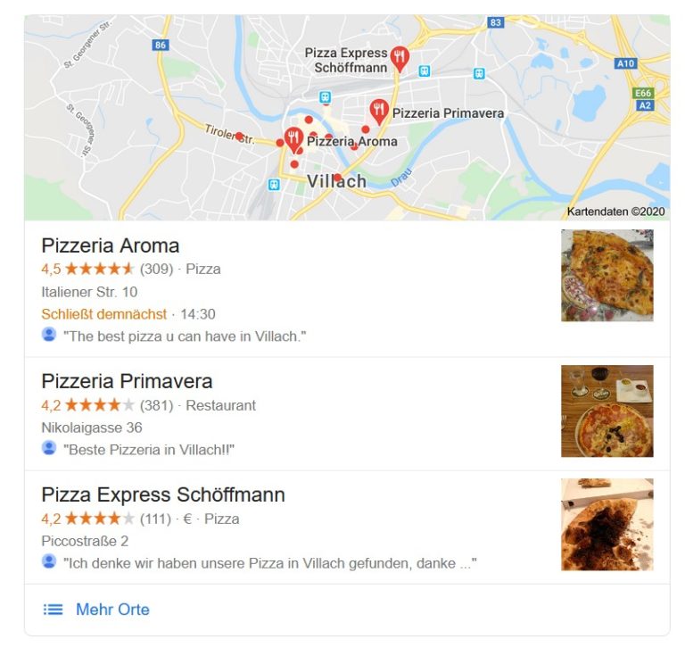 Local Snack Pack Ergebnis der Google Suche "Pizza" in Villach