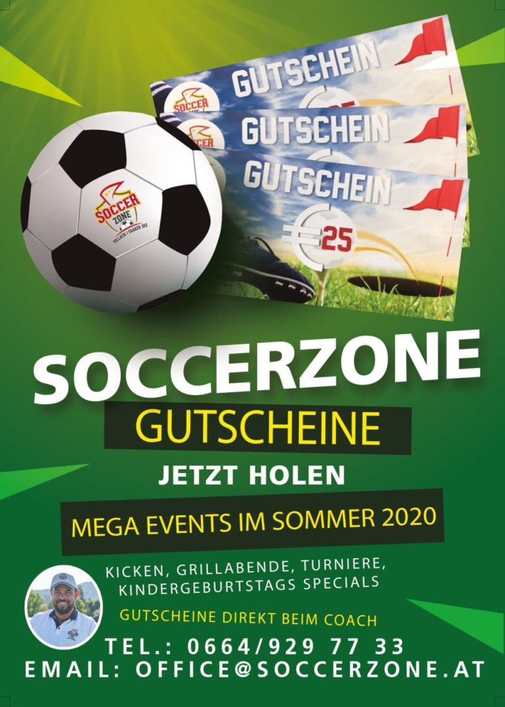 Flyer für Soccerzone Villach Gutscheine. Grafikdesign von nextlevelmedia.at