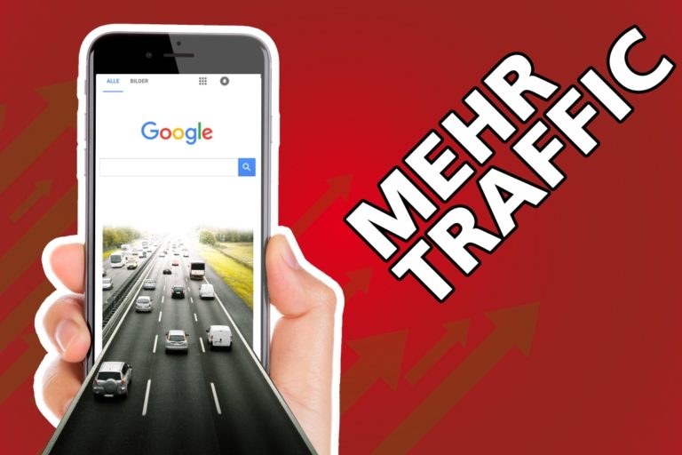 Thumbnail für den Blog Post Mehr Traffic mit einer Grafik die zeigt wie eine Autobahn in ein Handy führt bzw in eine Suchmaschine